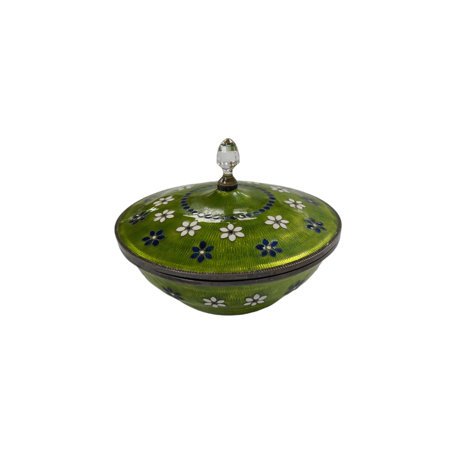 A Korean white metal and enamelled circular pot and cover, diameter 11cm, gross weight 7.6oz. Condition - fair to good